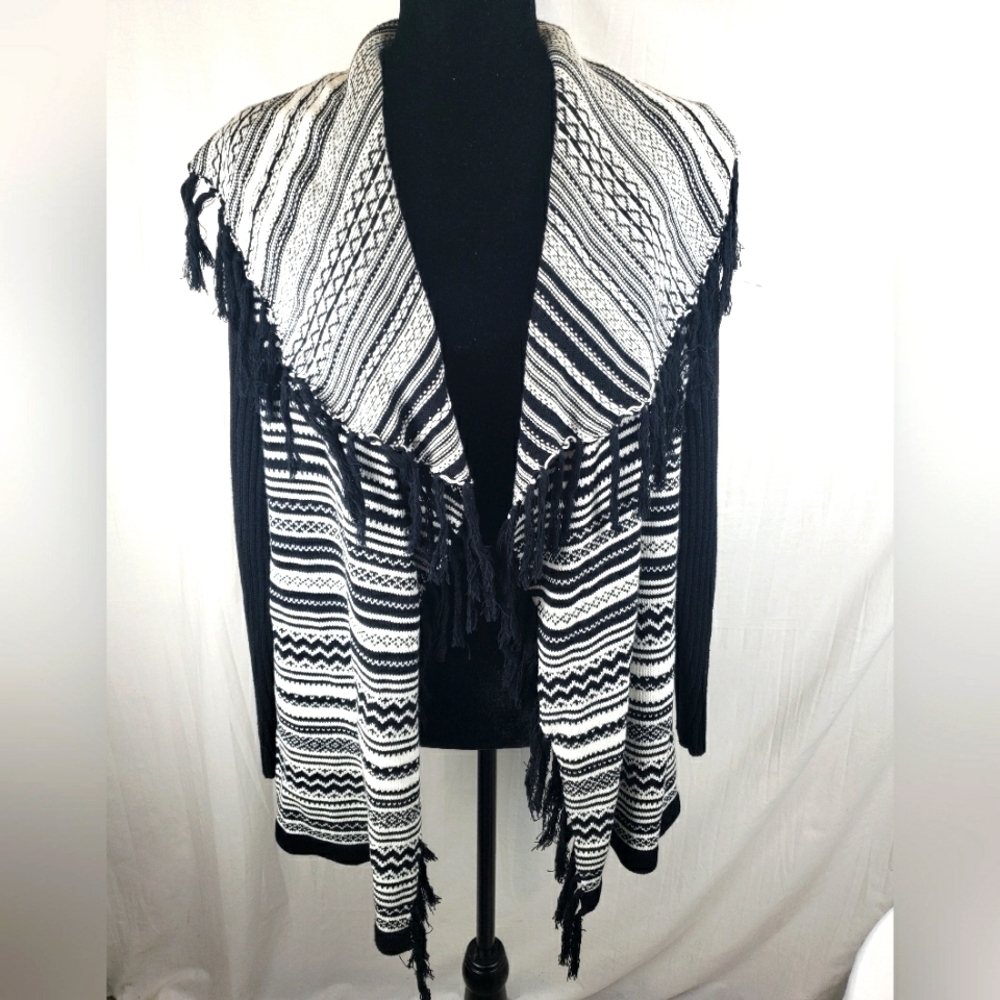 Peck & Peck Collection Black and White Fringed Collared Open Front Cardigan Sz L